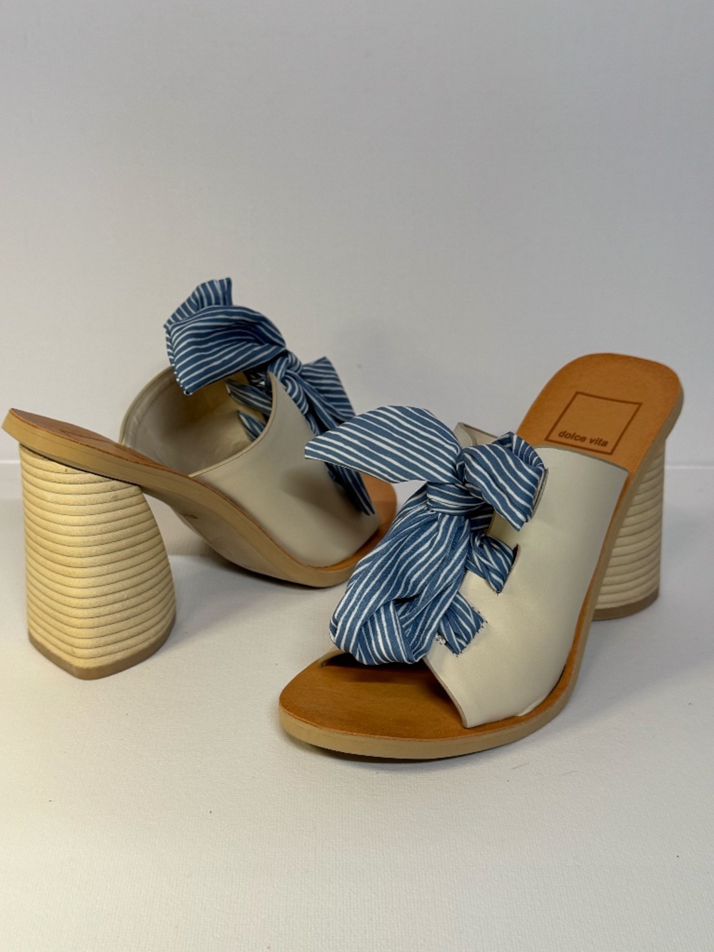 Dolce Vita Blue Stripe Bow Heeled Sandals S6 Coastal Chic Statement Mules NIB